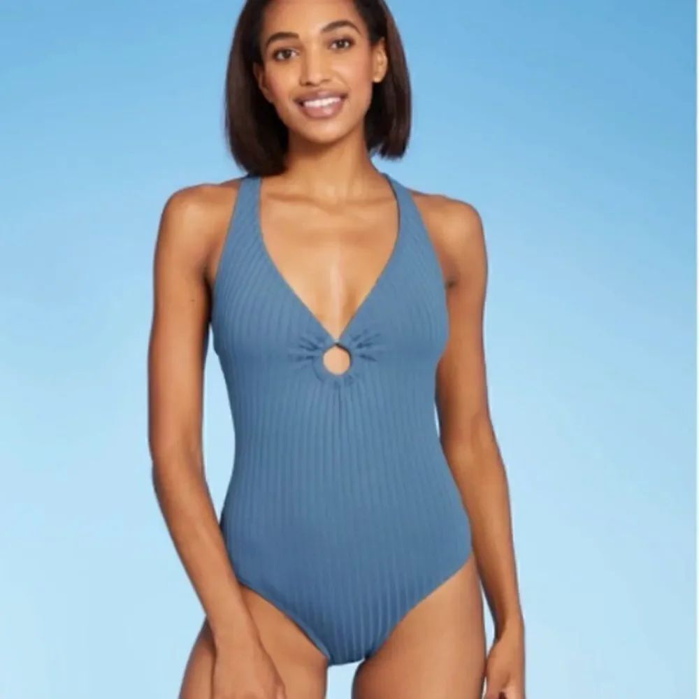 Kona Sol Blue Textured Stripe Ring Front Tie Back One Piece Bathing Suit